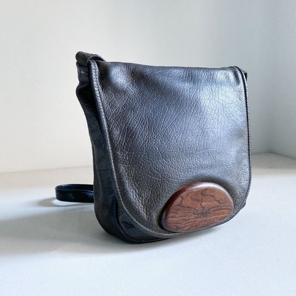 Vintage Dark Brown Leather Oval Unique Crossbody w Wood Detail - Picture 2 of 12